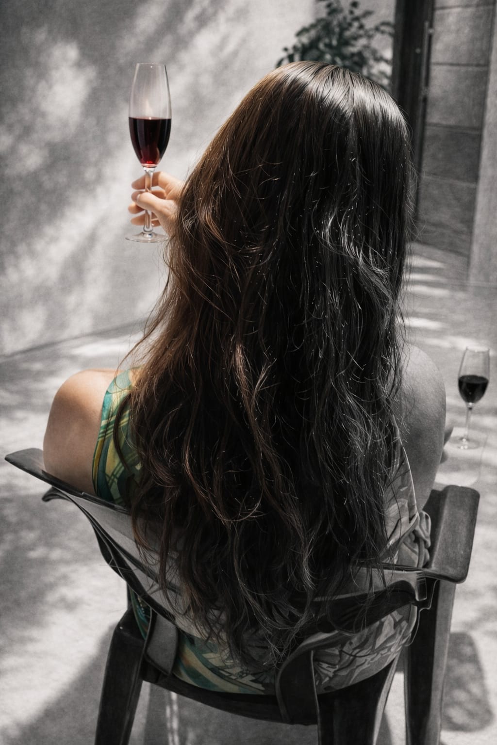 Retrato em preto e branco de uma mulher sentada de costas, erguendo uma taça